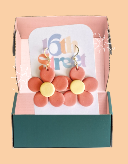 Dainty Peach Daisy Dangles with Yellow Center | Handmade Polymer Clay Earrings