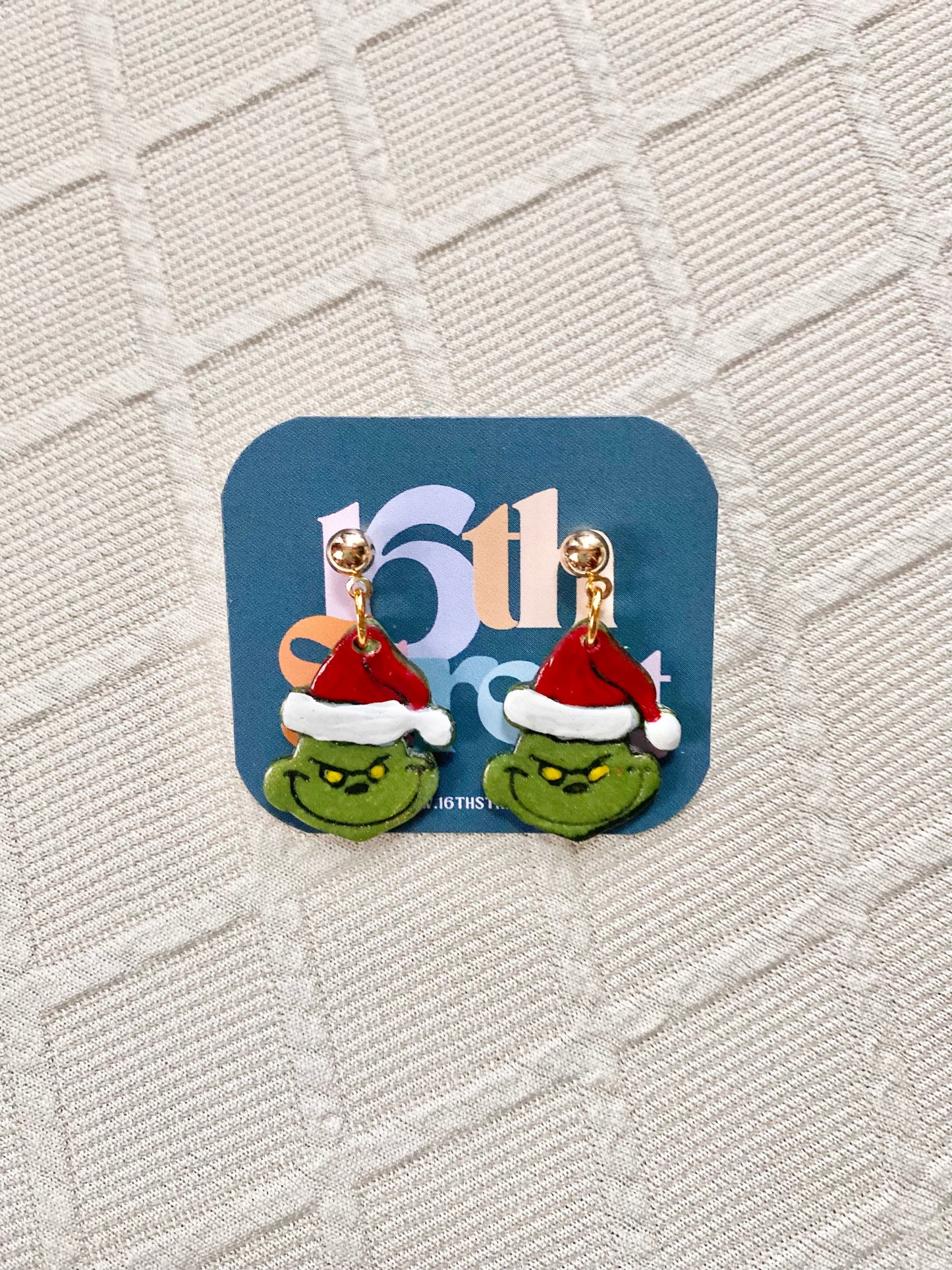 Grinch in Hat Dangles | Handmade Polymer Clay Earrings