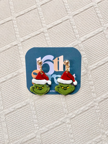 Grinch in Hat Dangles | Handmade Polymer Clay Earrings