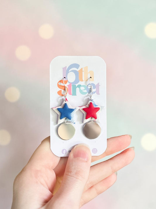 Star Spangled Silver Dangles | Handmade Polymer Clay Earrings