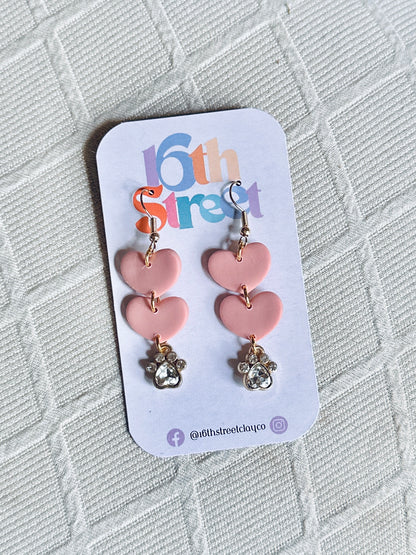 Pink Heart Dog Lover Dangles | Handmade Polymer Clay Earrings