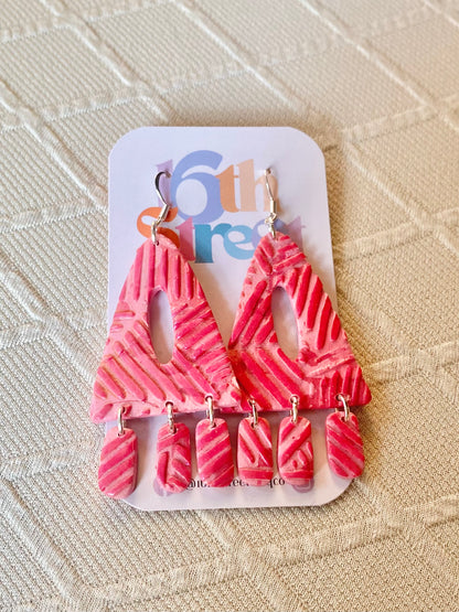 Pink Geometric Dangles for Breast Cancer Awareness | Handmade Polymer Clay Earrings