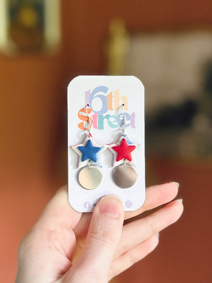 Star Spangled Silver Dangles | Handmade Polymer Clay Earrings