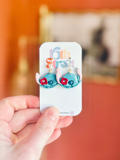 Blue Hawaii Monster with Flower - READY TO SHIP | Handmade Polymer Clay Earrings