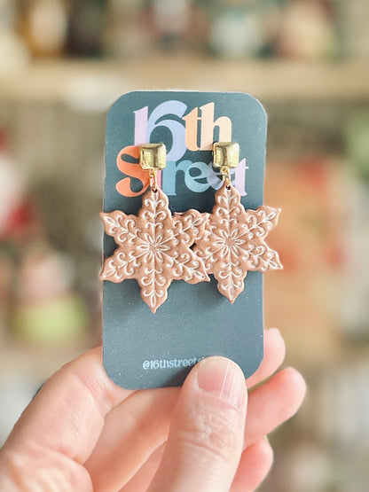 Gingerbread Snowflake Dangles | Handmade Polymer Clay Earrings
