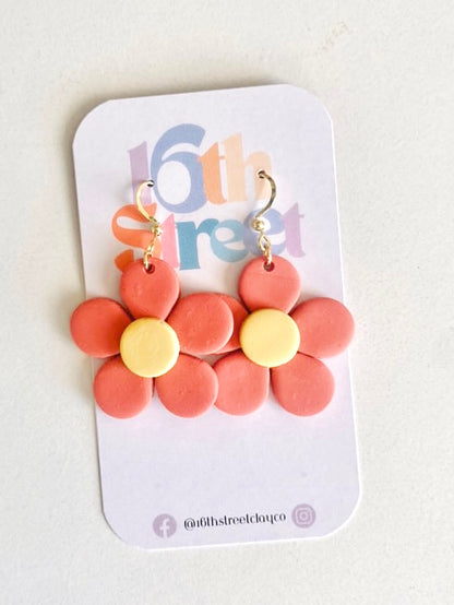 Dainty Peach Daisy Dangles with Yellow Center | Handmade Polymer Clay Earrings